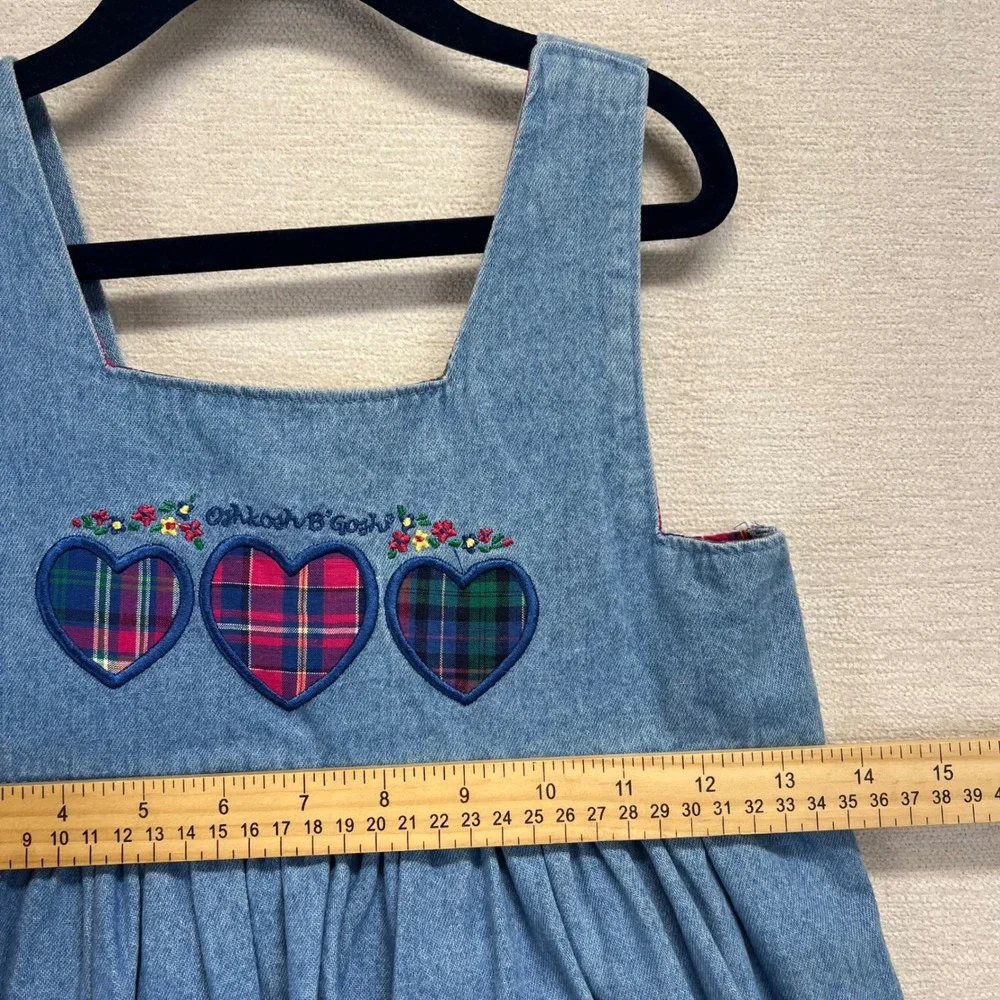 Vintage 90s Oshkosh B'gosh Girls Denim Heart Plaid‎ Pinafore Jumper Dress Size 6